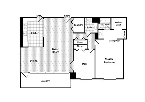 Floor plan for 1 bed, 1.5 baths, 1288 sqft